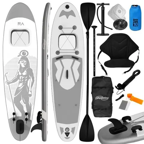 Physionics® Stand Up Paddle Board - 366x80x15 cm, Gonflable, Siège/Fenêtre/Pagaie/Pompe/Laisse, Argent - Planche de SUP, Kayak