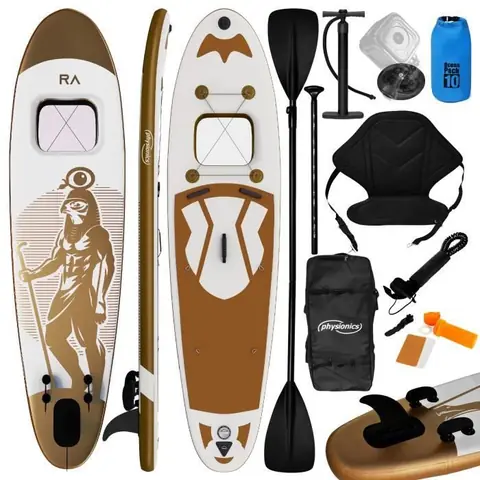 Physionics® Stand Up Paddle Board - 366x80x15 cm, Gonflable, Siège/Fenêtre/Pagaie/Pompe/Laisse, Or - Planche de SUP, Kayak