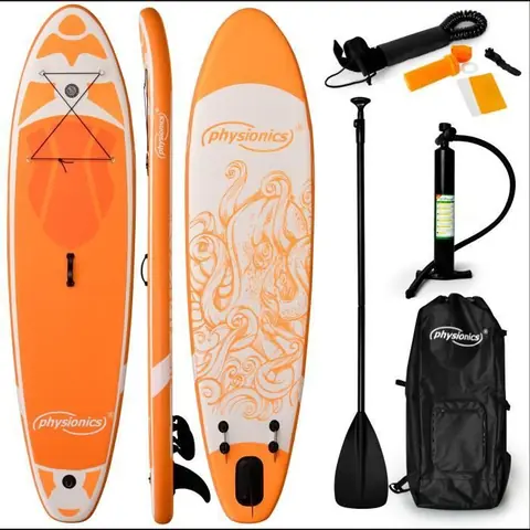 Physionics® Stand Up Paddle Board - Gonflable, 305x76x12 cm, Pagaie, Sac à Dos, Pompe, Laisse, Ailerons, Orange - Planche de SUP