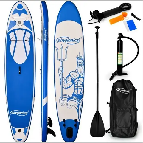 Physionics® Stand Up Paddle Board - Gonflable, 305x76x12 cm, Pagaie, Sac à Dos, Pompe, Laisse, Ailerons, Bleu - Planche de SUP