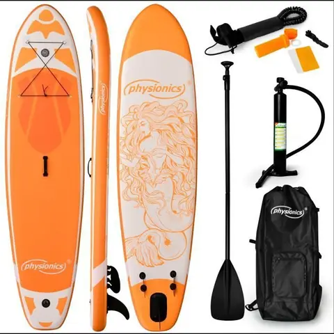 Physionics® Stand Up Paddle Board - Gonflable, 320x80x15 cm, Pagaie, Sac à Dos, Pompe, Laisse, Ailerons, Orange - Planche de SUP