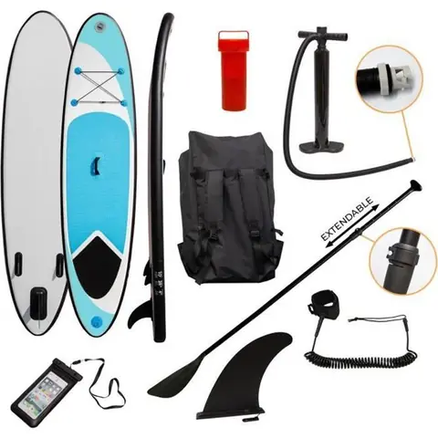 Planche de Paddle Stand Up SUP Bleue Gonflable Ultra Légère Adulte[Pompe, Sac à Dos, Laisse, 3 Aileron, Etui, Rame INCLUS]