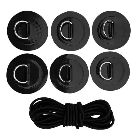 Set 6pcs Patch à D-Anneau Avec 1pc Sandow Tendeur Bungee Cordon Élastique Corde de Choc pour Bateau Kayak SUP Noir
