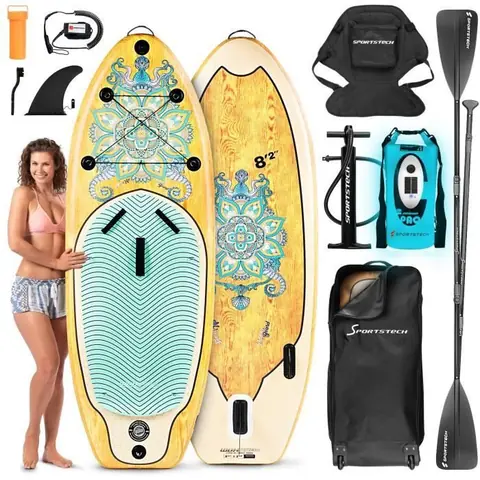 Sportstech WBXs 250 Kit de planche de paddle 8 en 1 + siège kayak & sac à dos LED + haut-parleur