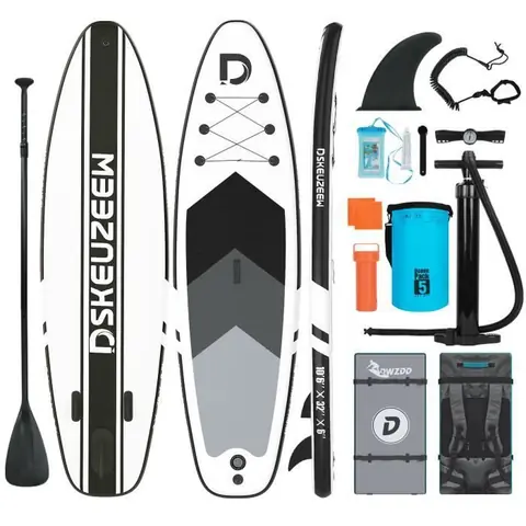 Stand up paddle gonflable | 320 x 80 x 15 cm | Charge Max 158 kg | Adulte Planche de surf portative | en PVC EVA | Noir et blanc