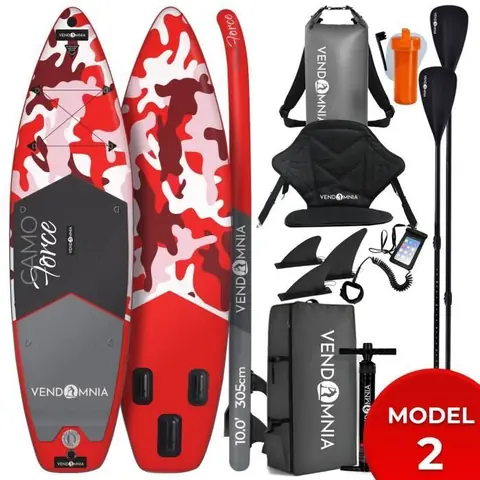 Stand up paddle gonflable- camo force rouge, max 170 kg- planche de surf pour deboutants et professionnels avec accessoire