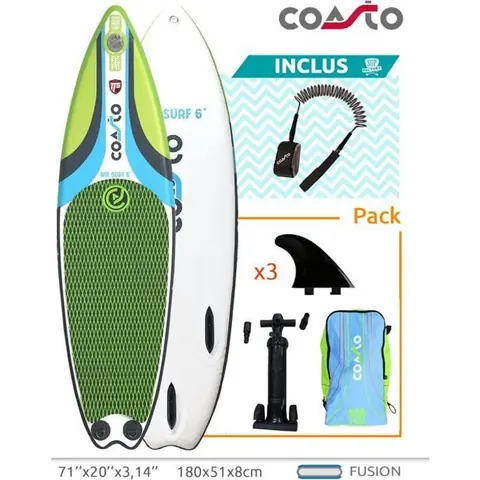 Surf gonflable Coasto Air Surf 6’ - dropstitch double couche fusionné 180 x 51 x 8 cm (5'9x20"x3'')