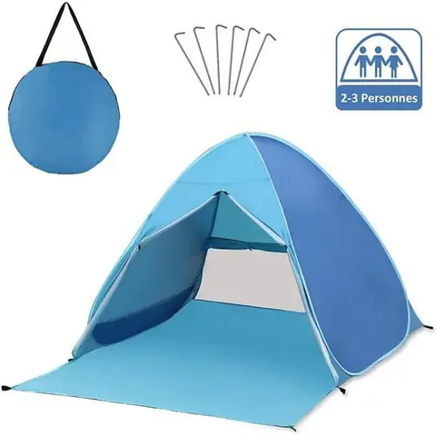 Tente Anti UV, Abri de Plage avec 2-3 Personnes,Tente de Plage Instantanée Portable Escamotable, Avec rideau- Bleu