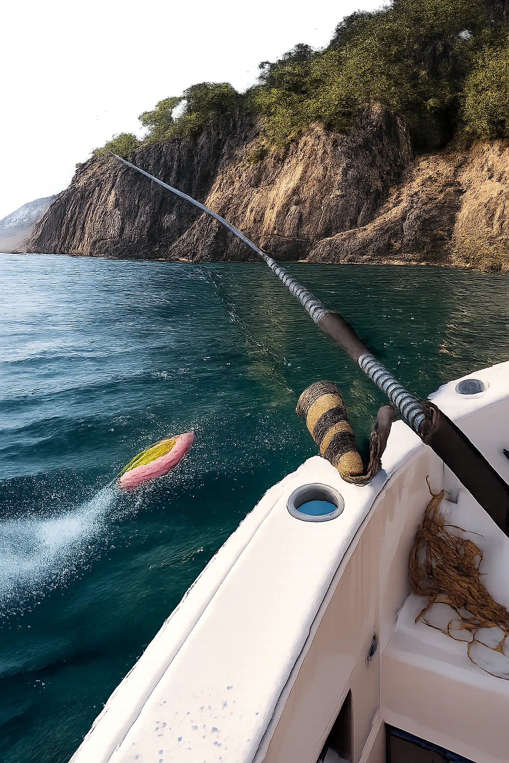 Bateau en traîne côtière légère avec canne posée et leurre en action près d’une côte rocheuse.