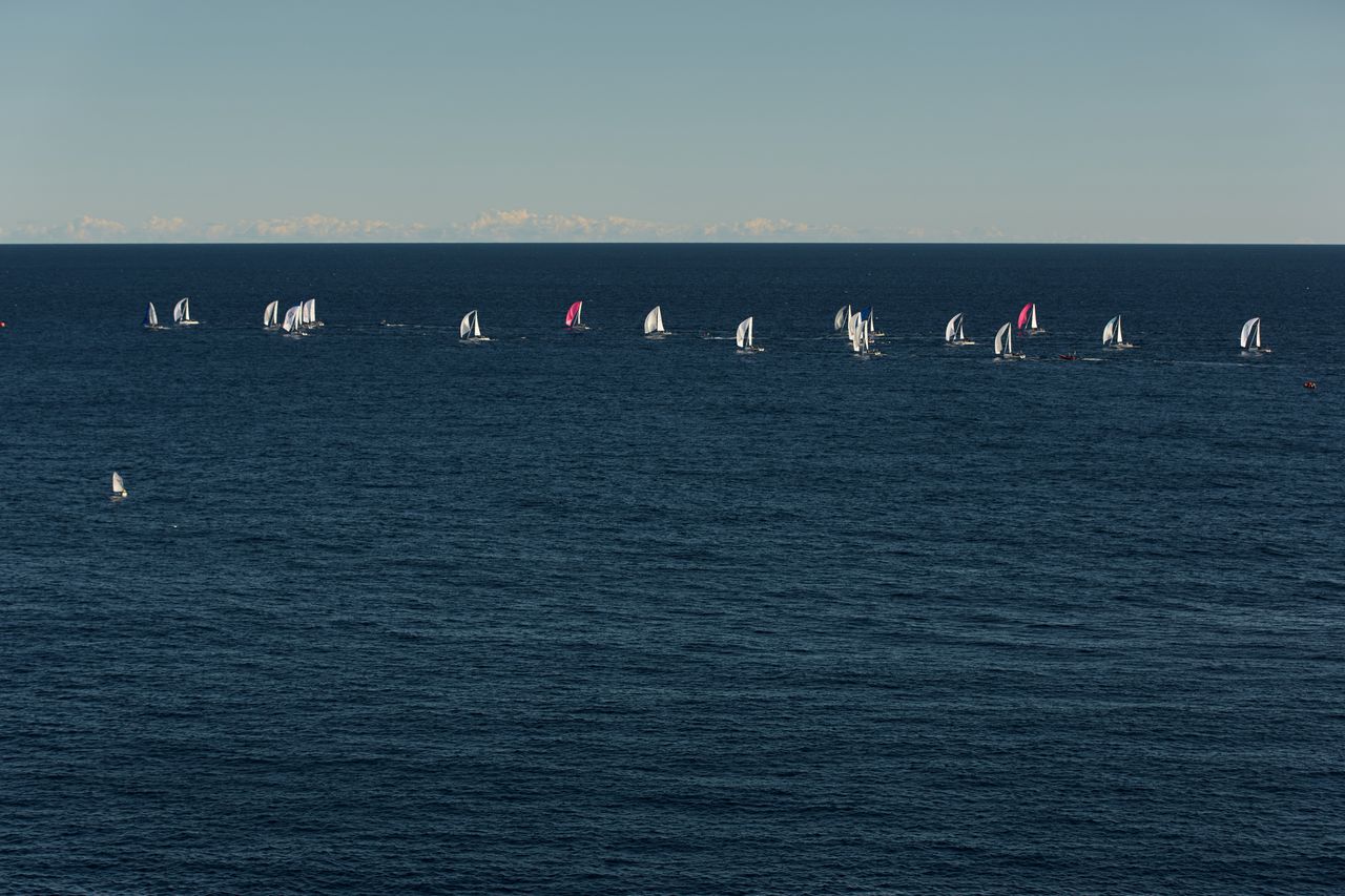 Catamaran F50 français en vol à pleine vitesse lors d'une régate SailGP à Monaco.