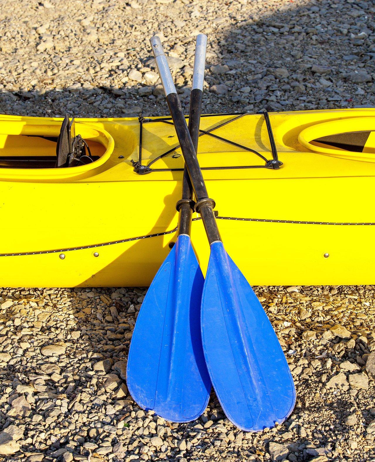 Équipement complet de sécurité pour tandem sea kayak : gilets, sacs étanches et ligne de vie essentiels.