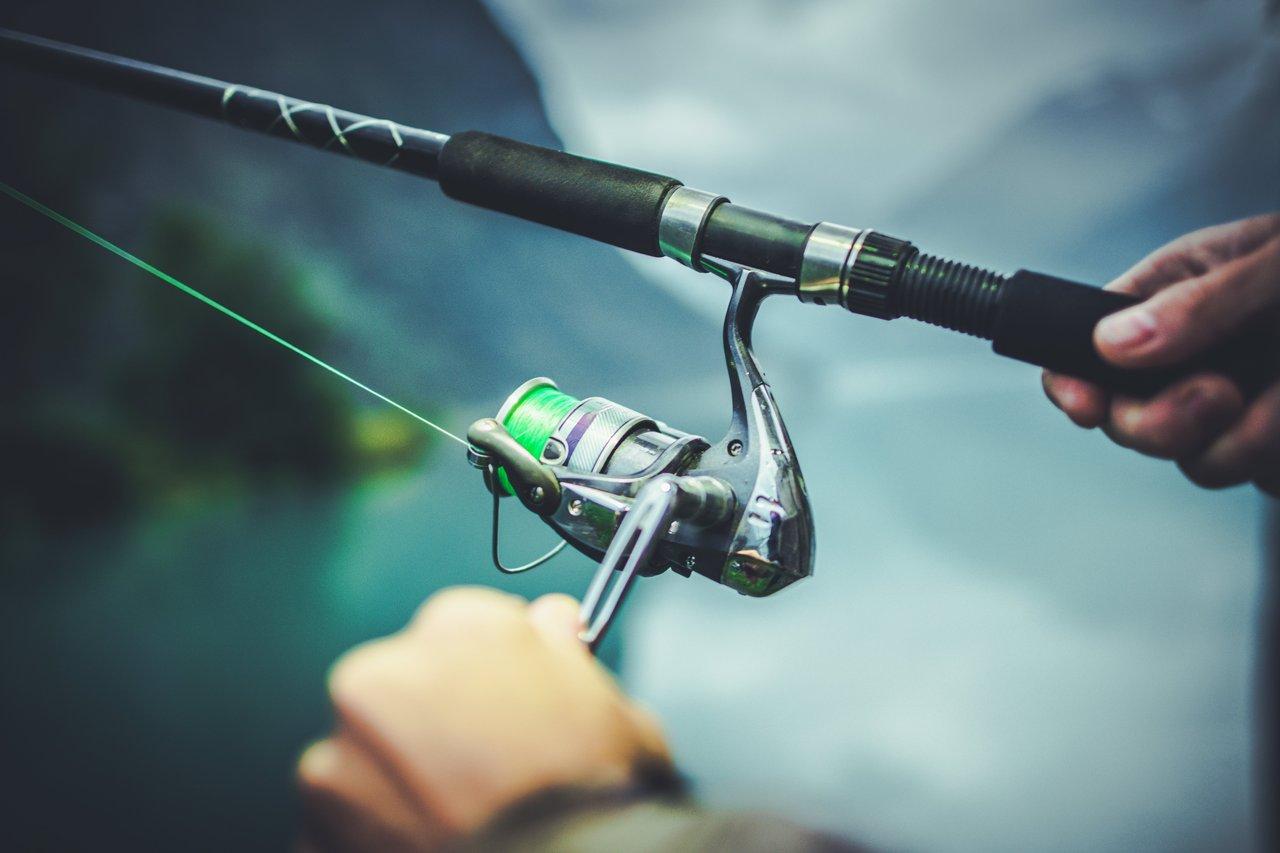 Une canne à pêche légère adaptée pour la pêche à la friture au printemps près d’un lac en pleine nature.